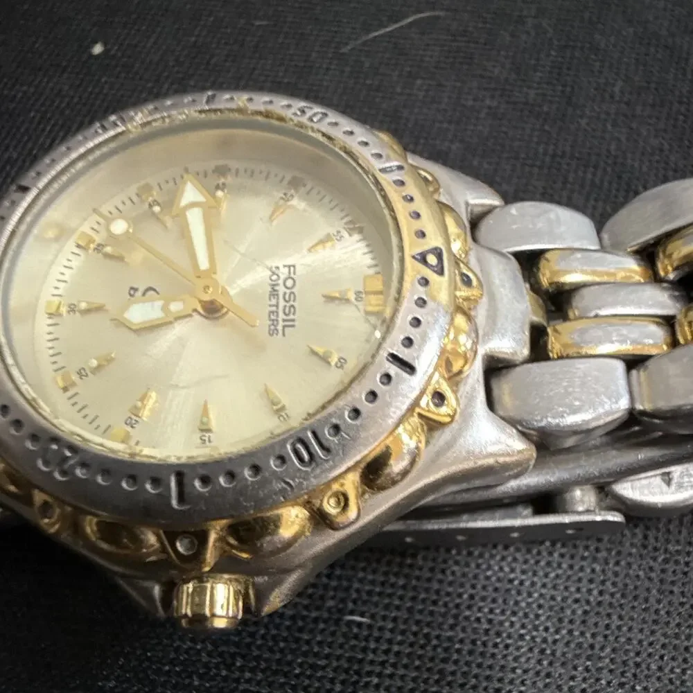Fossil Blue Two-Tone AM-3118 Vintage late 90s Wristwatch New Battery!!